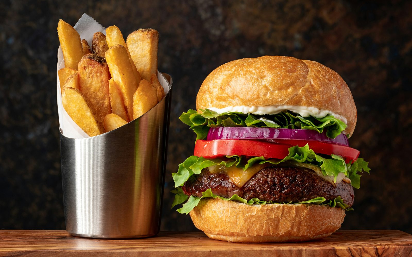 Burger and fries at Midnight Doner Kebab